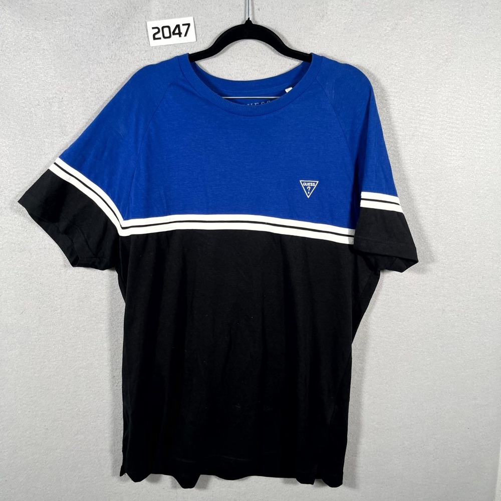 Guess T-Shirt Mens XL Blue Black Colorblock Organic Cotton Raglan Sleeve Casual